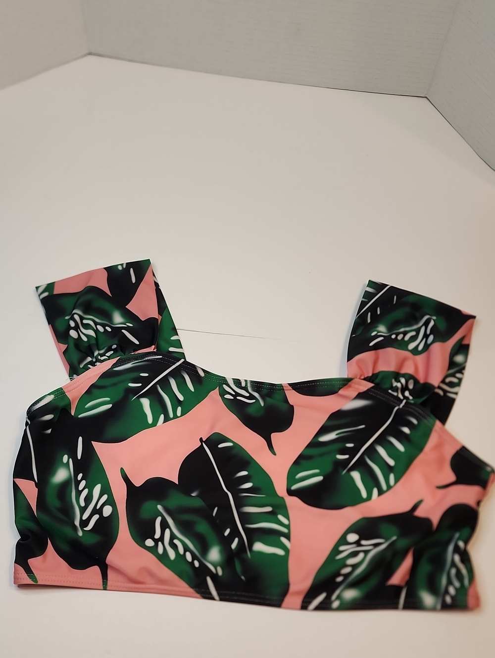 Tropical Leaf Print Bikini Bra Top - Pink & Green Palm Leaves
